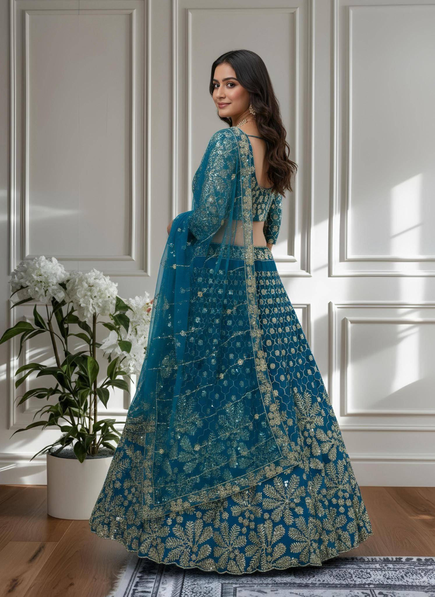 Shine in style with this beautifully Butterfly Net Rama Blue Lehenga choli retailers in Mumbai